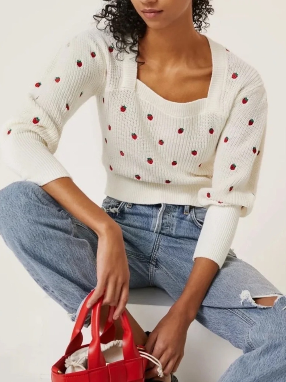 Maeve Anthropologie Square Neck Embroidered Strawberry Sweater Size M